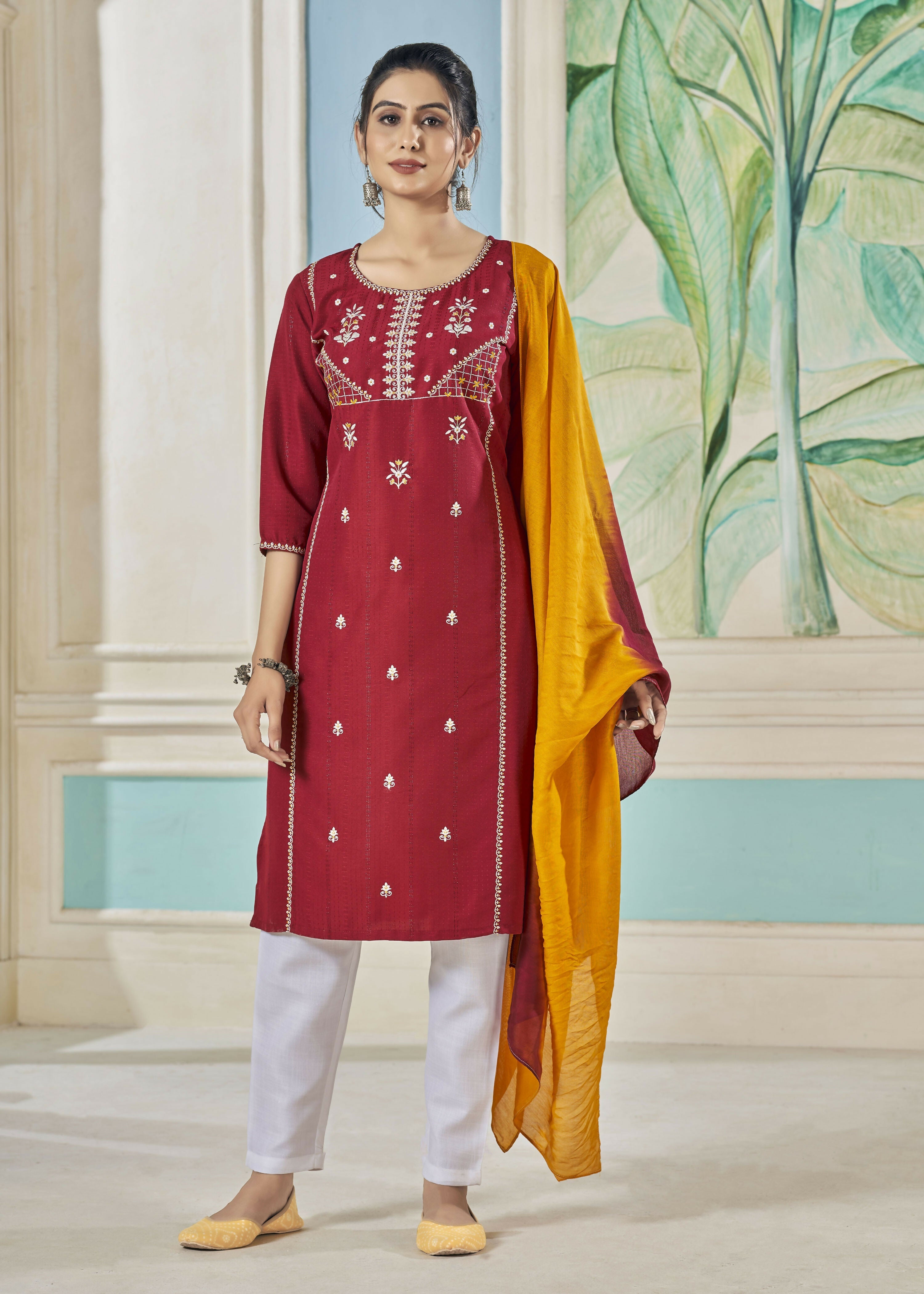Maroon pure viscose straight kurta with weaving stripes and embroidery