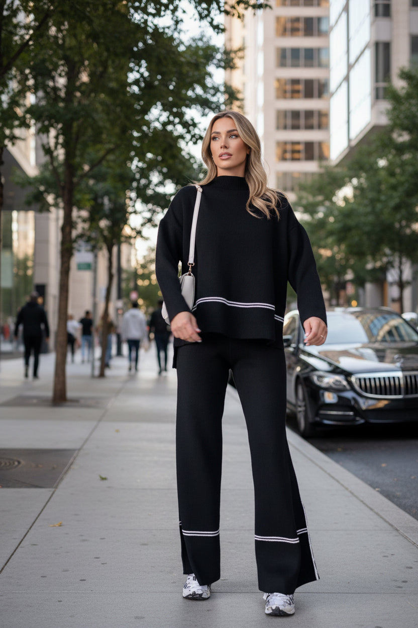 Model wearing a black two-piece knit set with loose long-sleeve top and bootcut pants featuring white striped hem details.