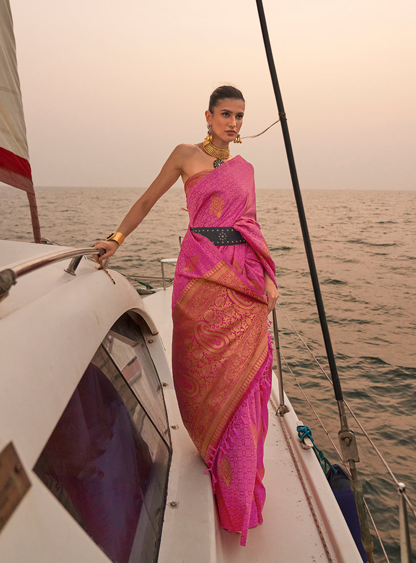 Pink pastel handloom weaving satin saree with two-tone finish