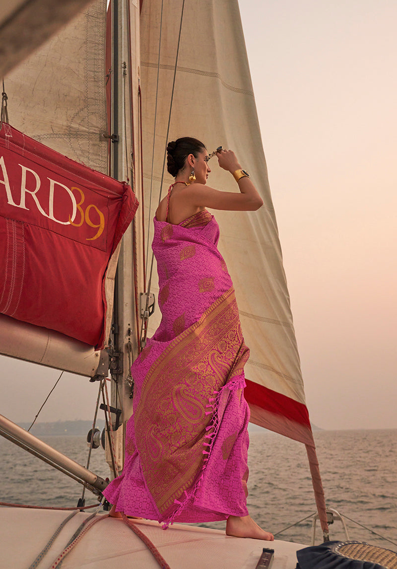 Pink Pastel Handloom Satin Weaving Saree for Traditional Events