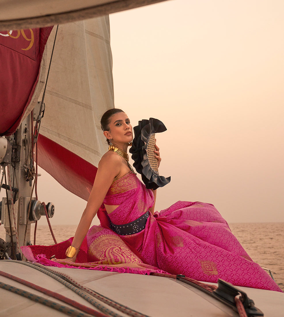 Pink Pastel Handloom Satin Weaving Saree for Traditional Events