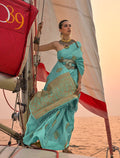 Monjolika Fashion Sky Blue Color Satin Pastel Handloom Weaving Saree