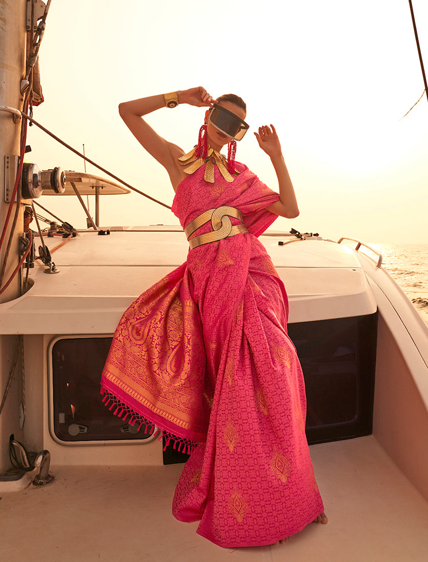 Vibrant Rani Pink satin handloom saree with two-tone finish