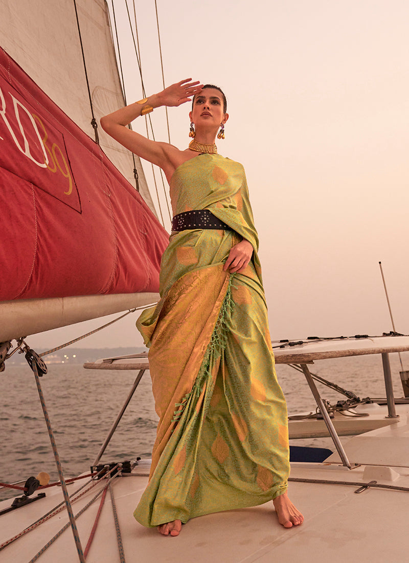 Olive green satin handloom saree with two-tone texture