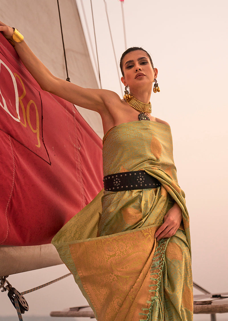 Olive Green Satin Pastel Handloom Weaving Saree with Two-Tone Finish