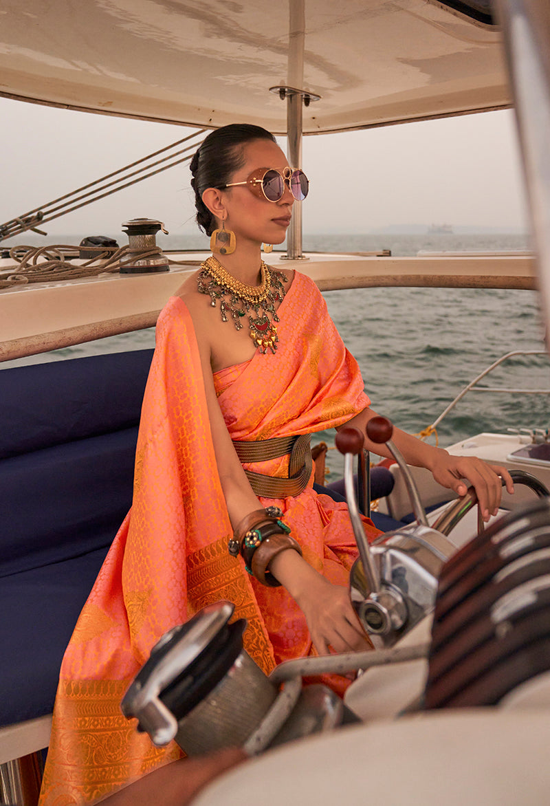 Peach Satin Pastel Handloom Weaving Saree with Two-Tone Drape