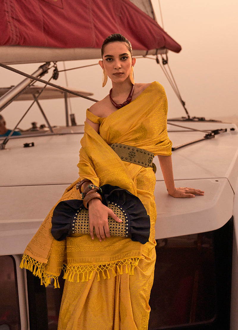 Yellow Pastel Handloom Weaving Satin Saree
