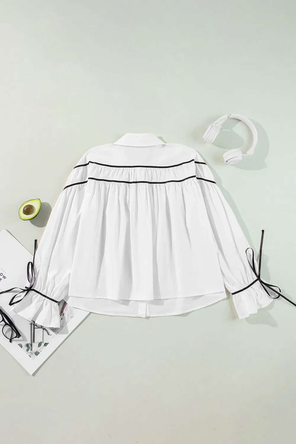 White Ribbon Bowtie Collared Blouse with Flounce Sleeves - Image 6