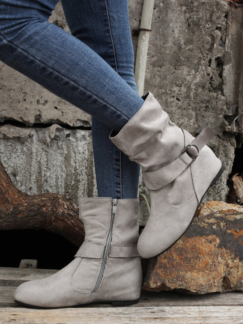 Women's Ankle Boots with Buckle Belt & Side Zip