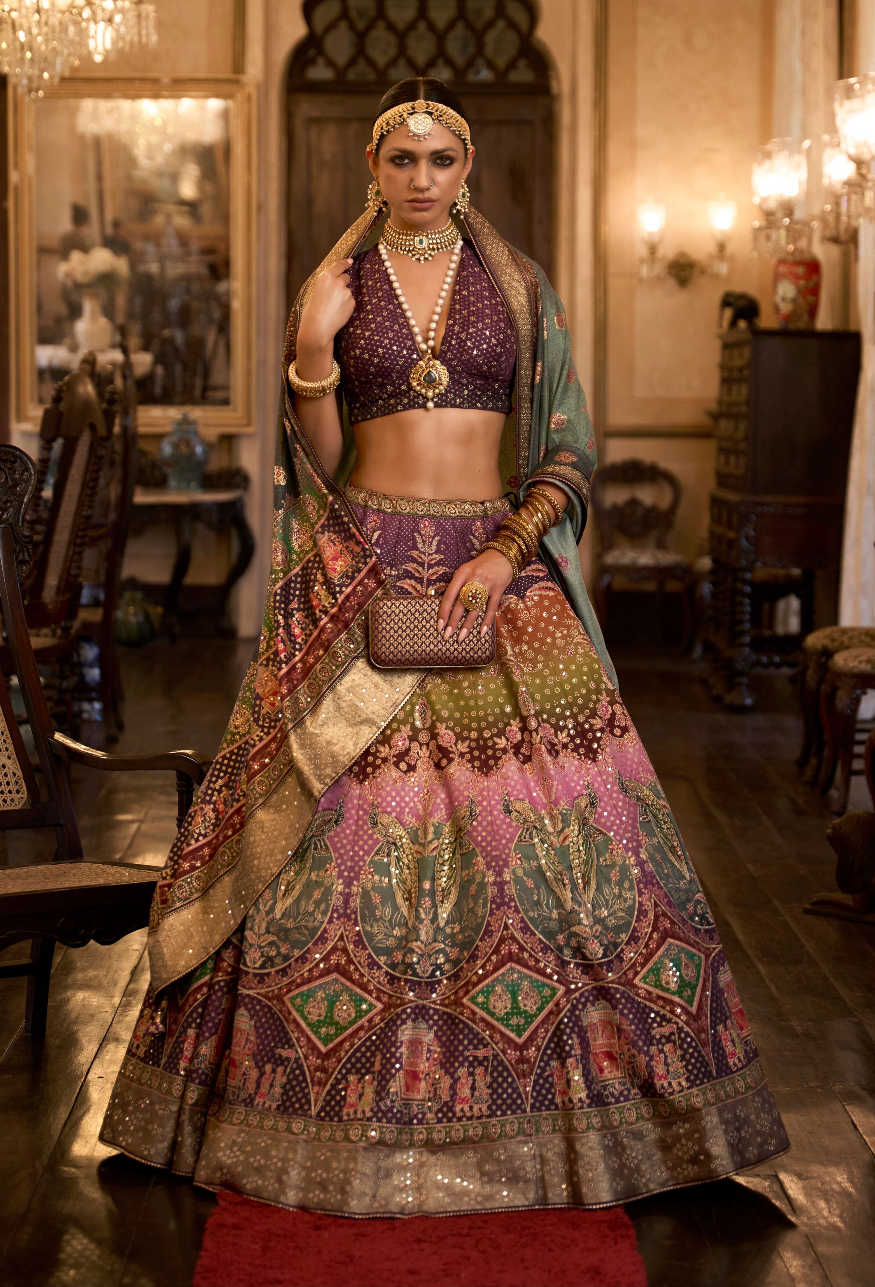 Wine-colored Rajwadi silk readymade lehenga choli with sequin detailing