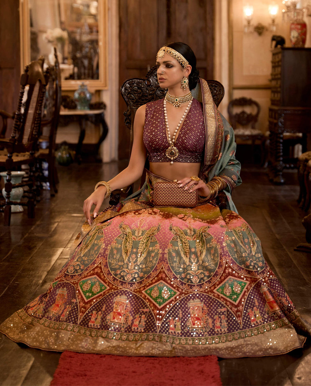 Wine Rajwadi Silk Readymade Lehenga Choli with Sequins