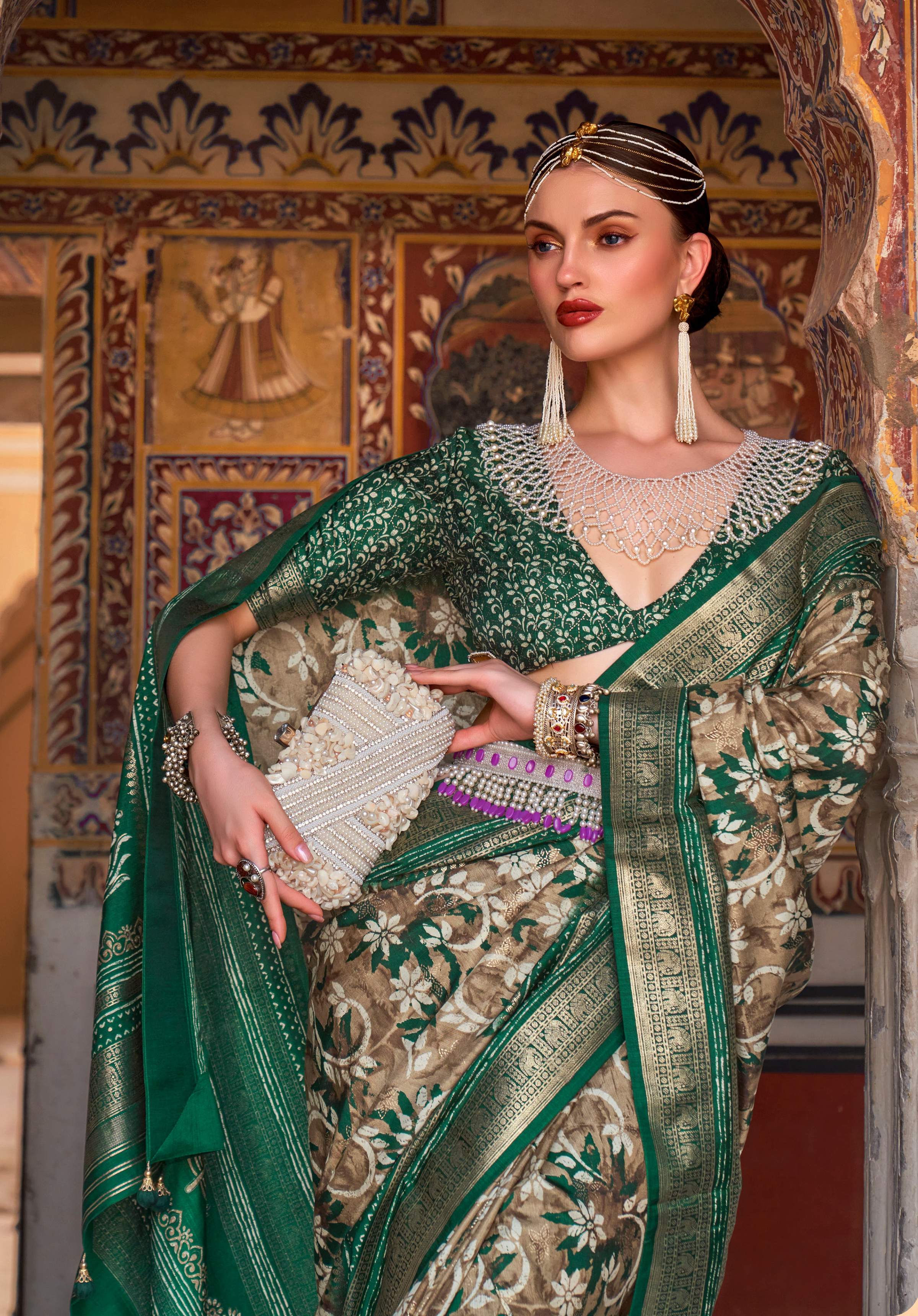 Monjolika Fashion Dark Green Color Silk Ajarak Design Traditional Saree
