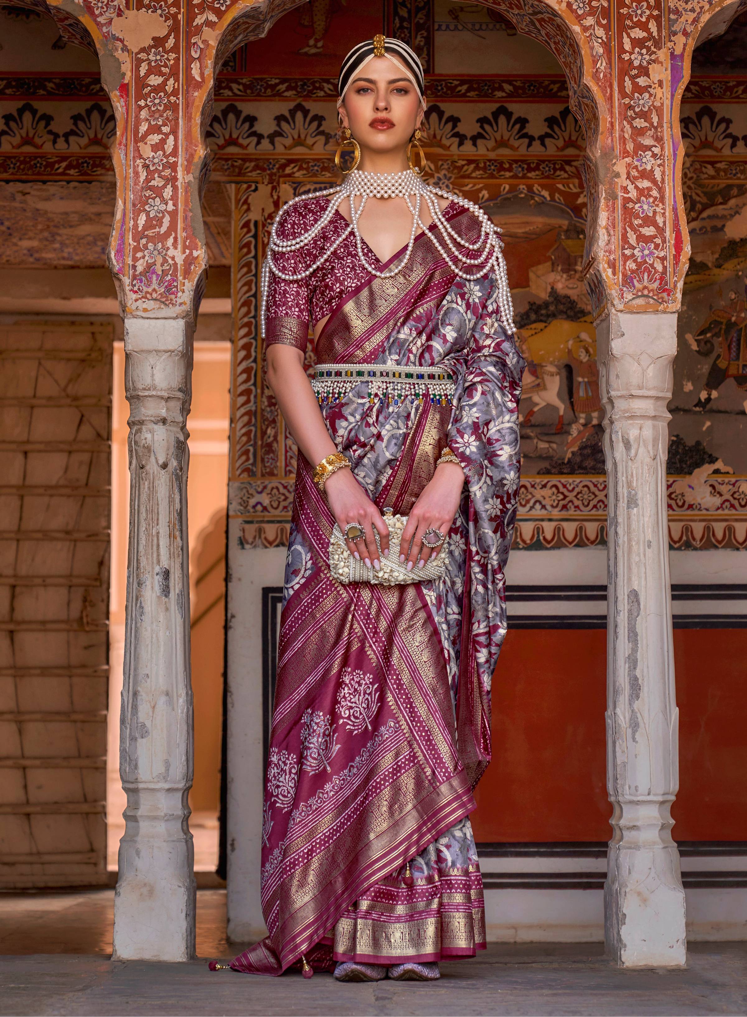 Grey silk saree with Ajrakh print and zari detailing featuring a maroon border