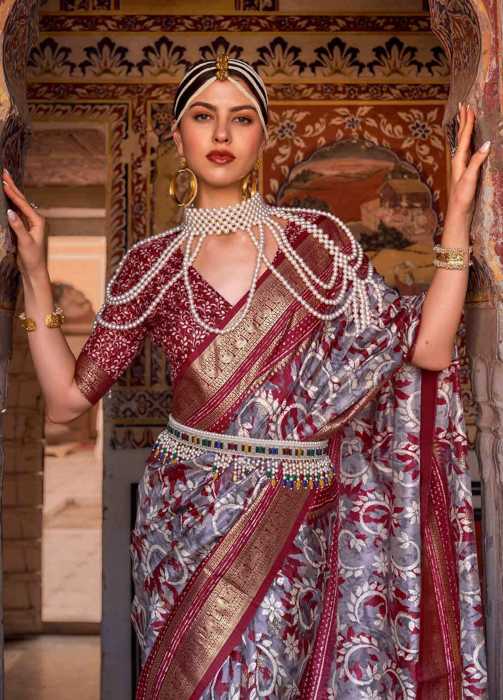 Grey Silk Ajrakh Print Saree with Traditional Zari Work