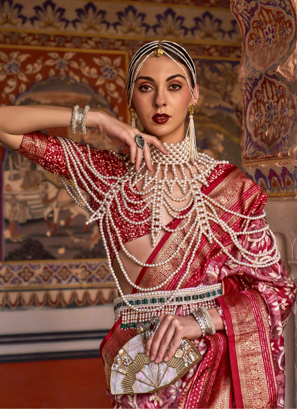 Red Silk Ajarak Design Saree with Traditional Zari Work