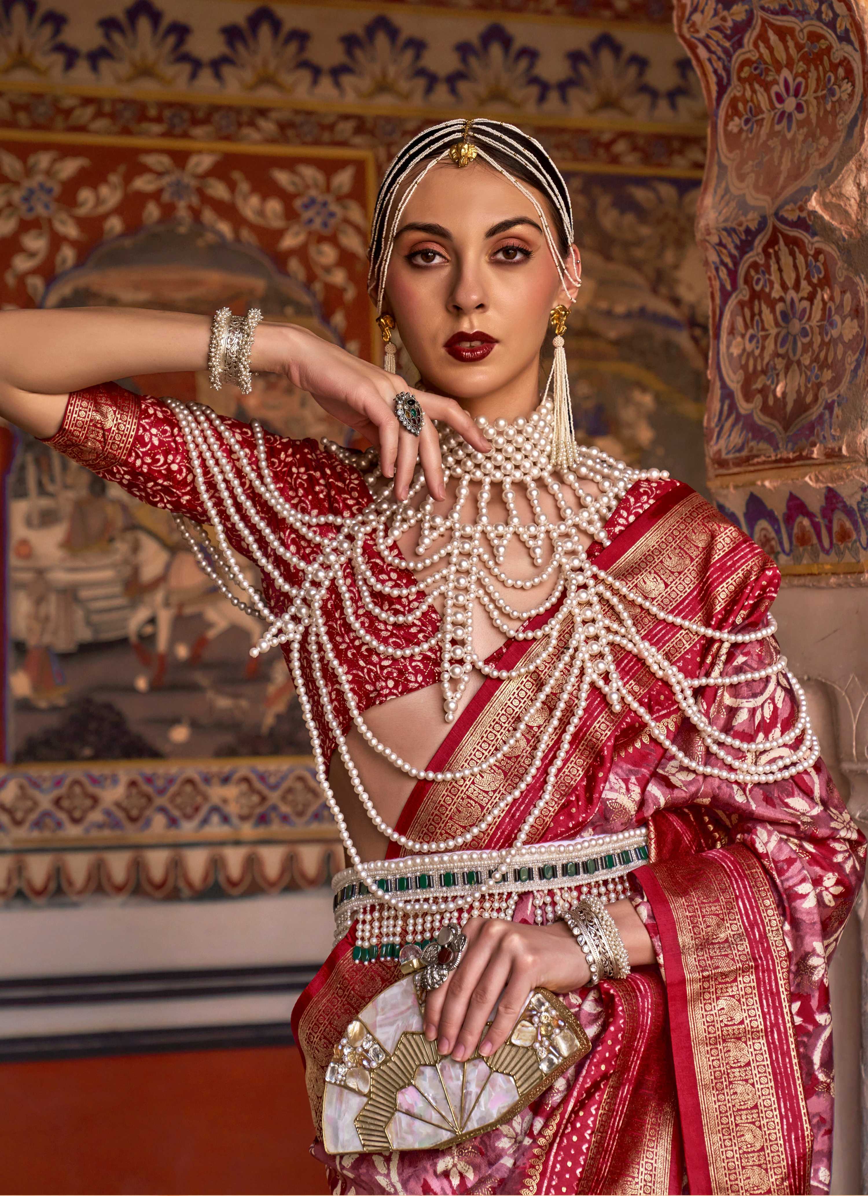 Red Silk Ajarak Design Saree with Traditional Zari Work