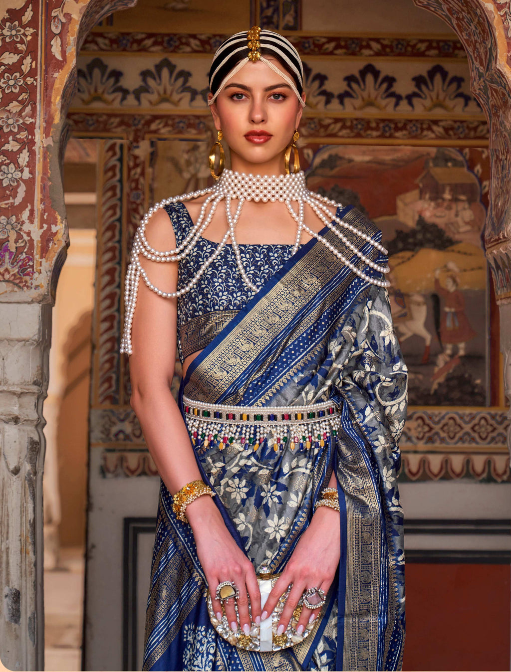 Navy Blue Silk Ajarak Printed Saree with Zari Details