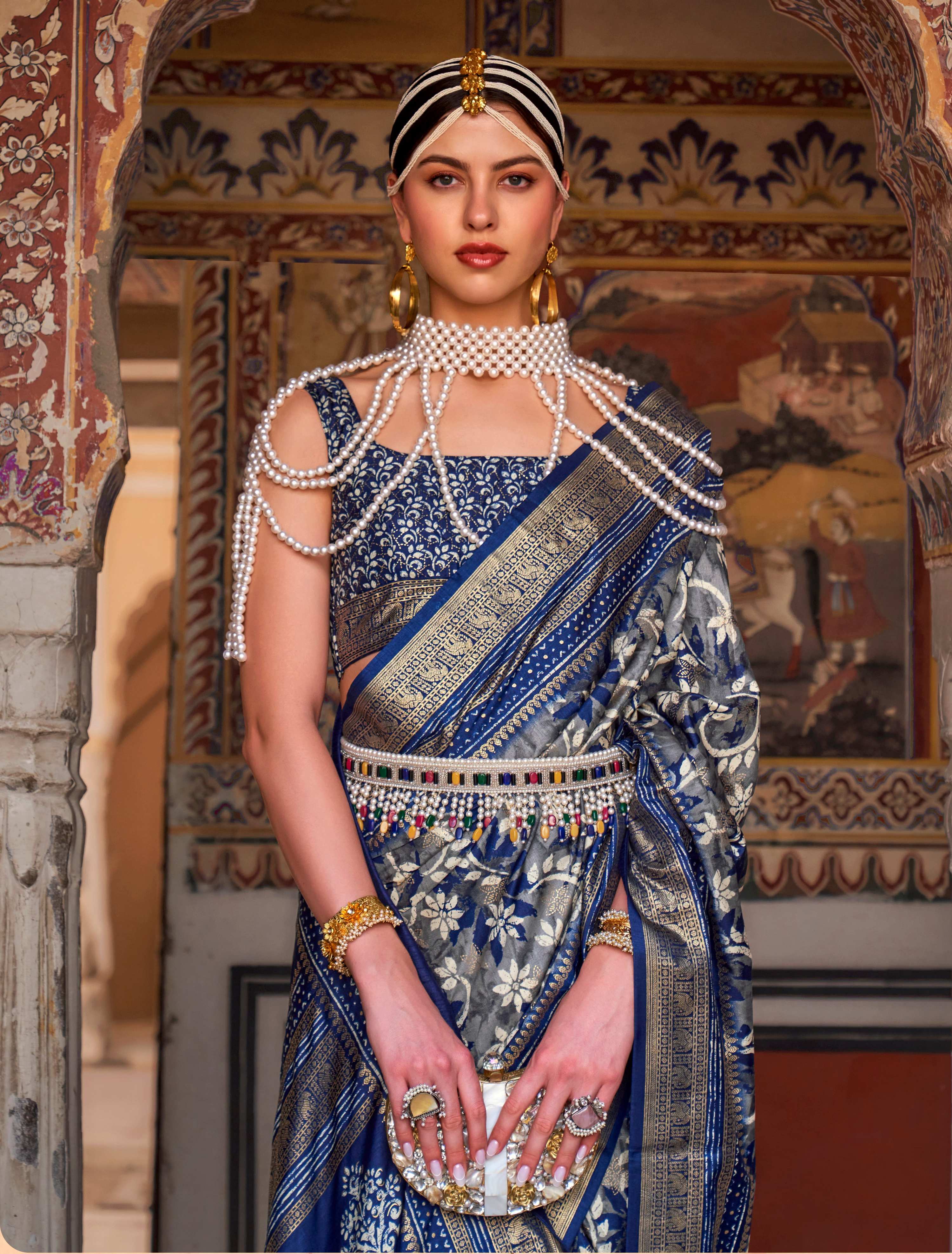 Navy Blue Silk Ajarak Printed Saree with Zari Details