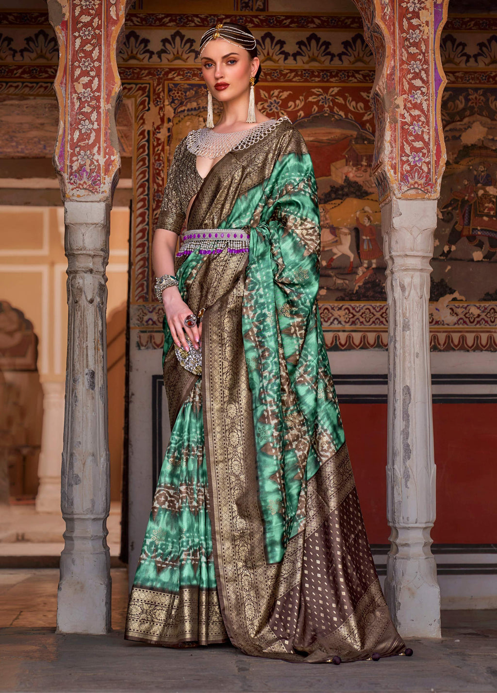 Green and Brown traditional Ajarak print silk saree with zari detail