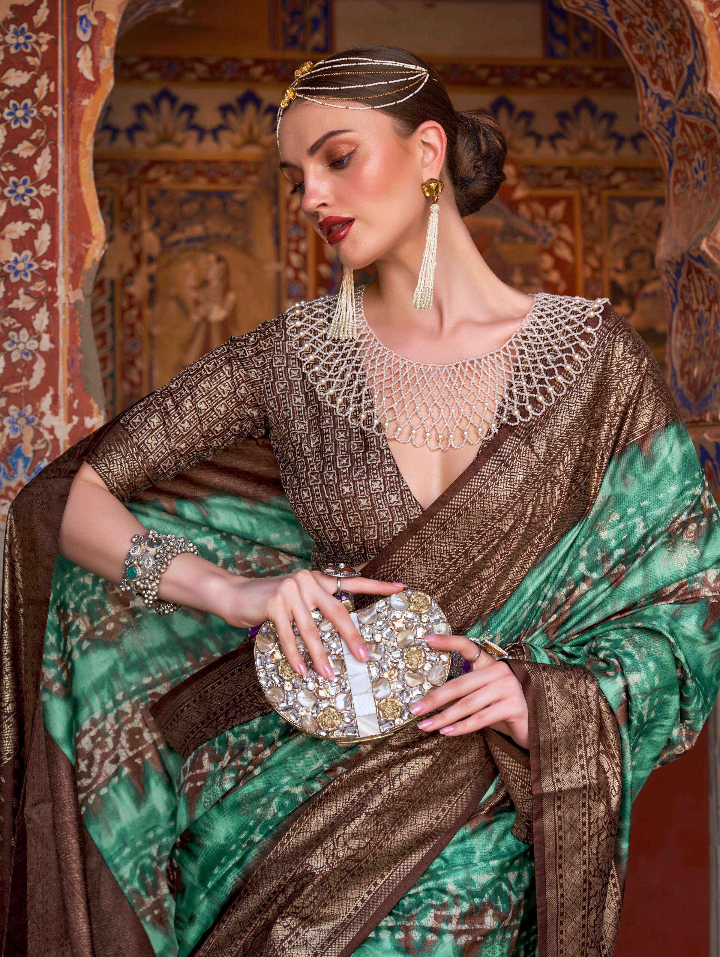 Green and Brown Silk Ajarak Design Traditional Saree