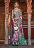 Pink and Green silk saree with Ajarak design and zari work