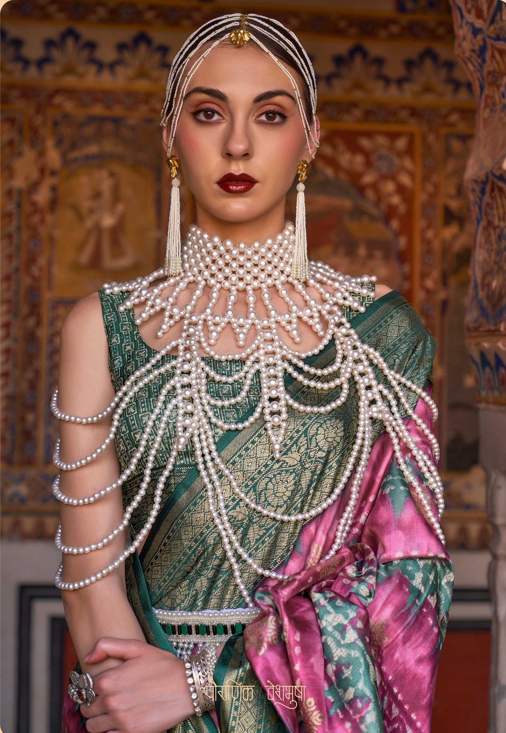 Pink and Green Silk Ajarak Design Traditional Saree