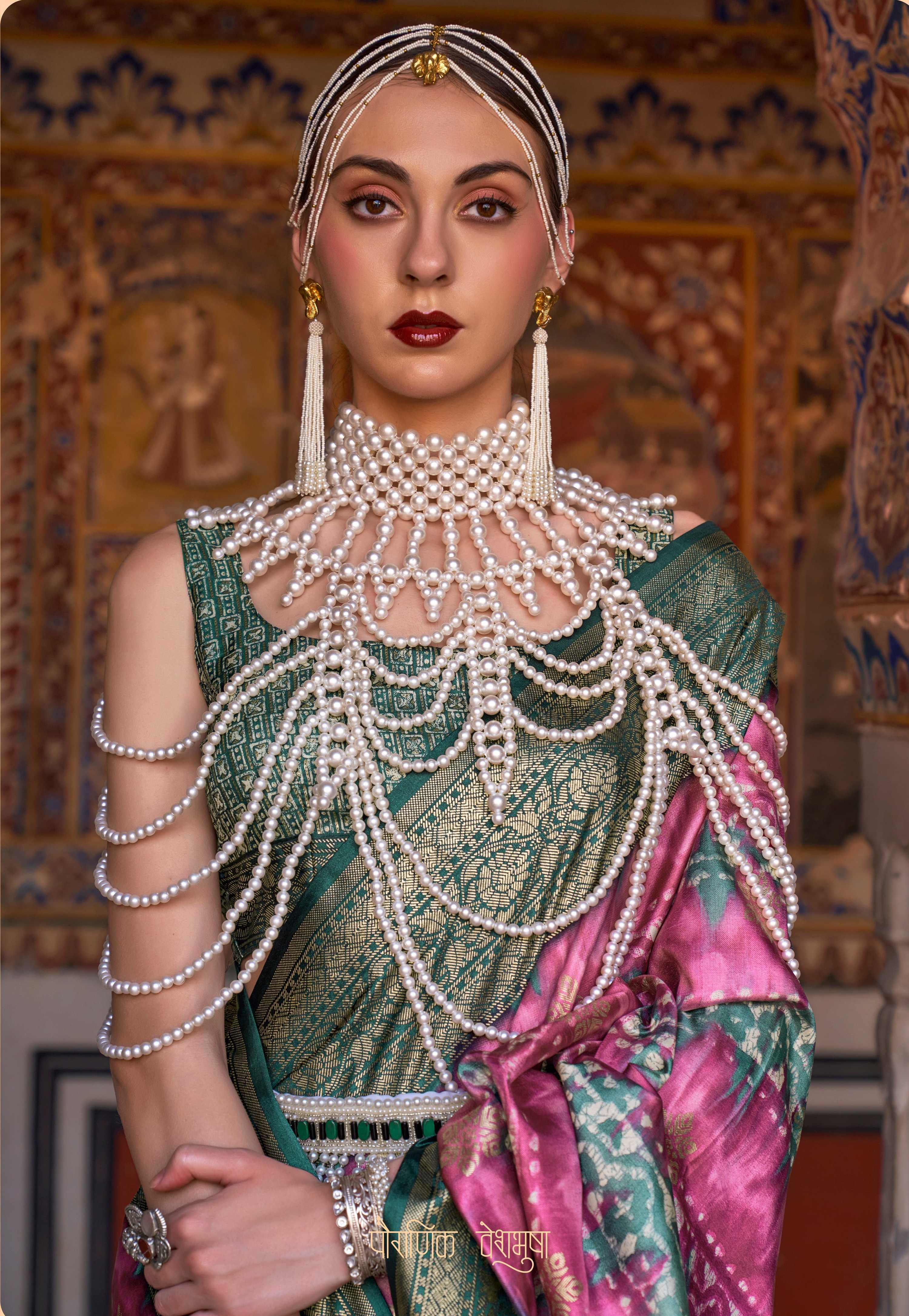 Pink and Green Silk Ajarak Design Traditional Saree