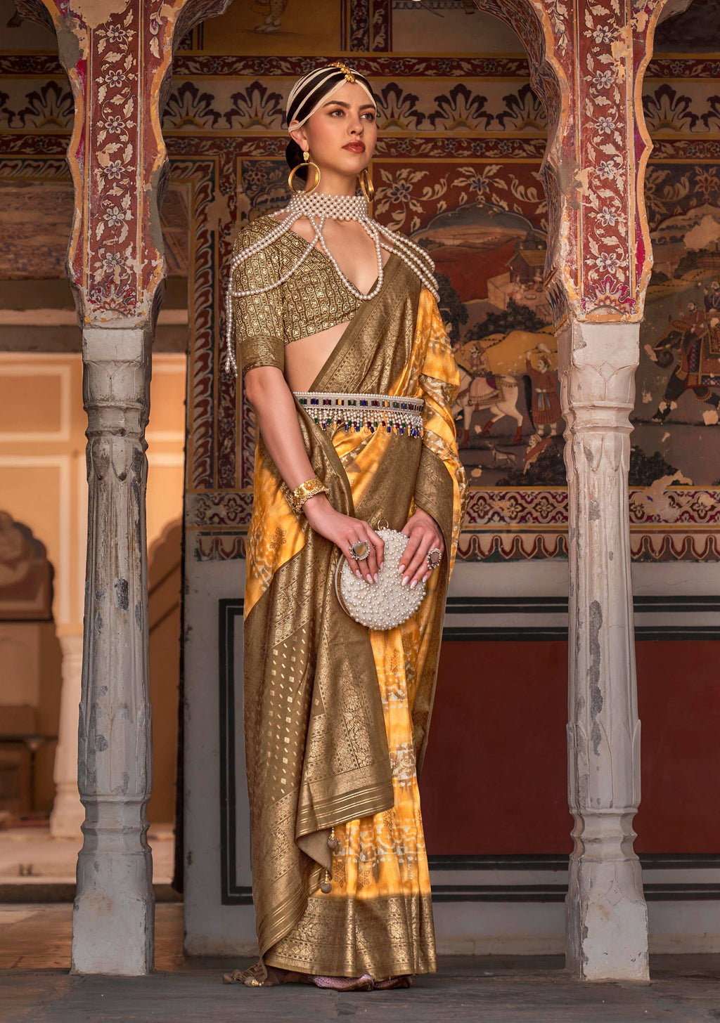Yellow & Mehendi Silk Saree with Ajarak Print and Zari