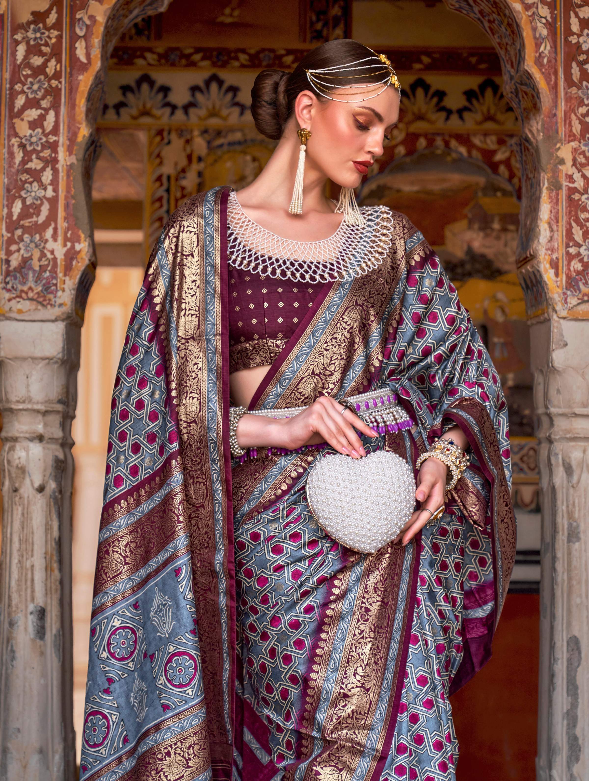 Cobalt Blue Silk Ajarak Printed Saree with Zari Work