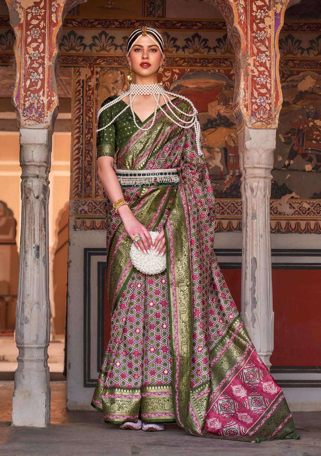Multicolor silk saree with Ajarak geometric print and gold zari border