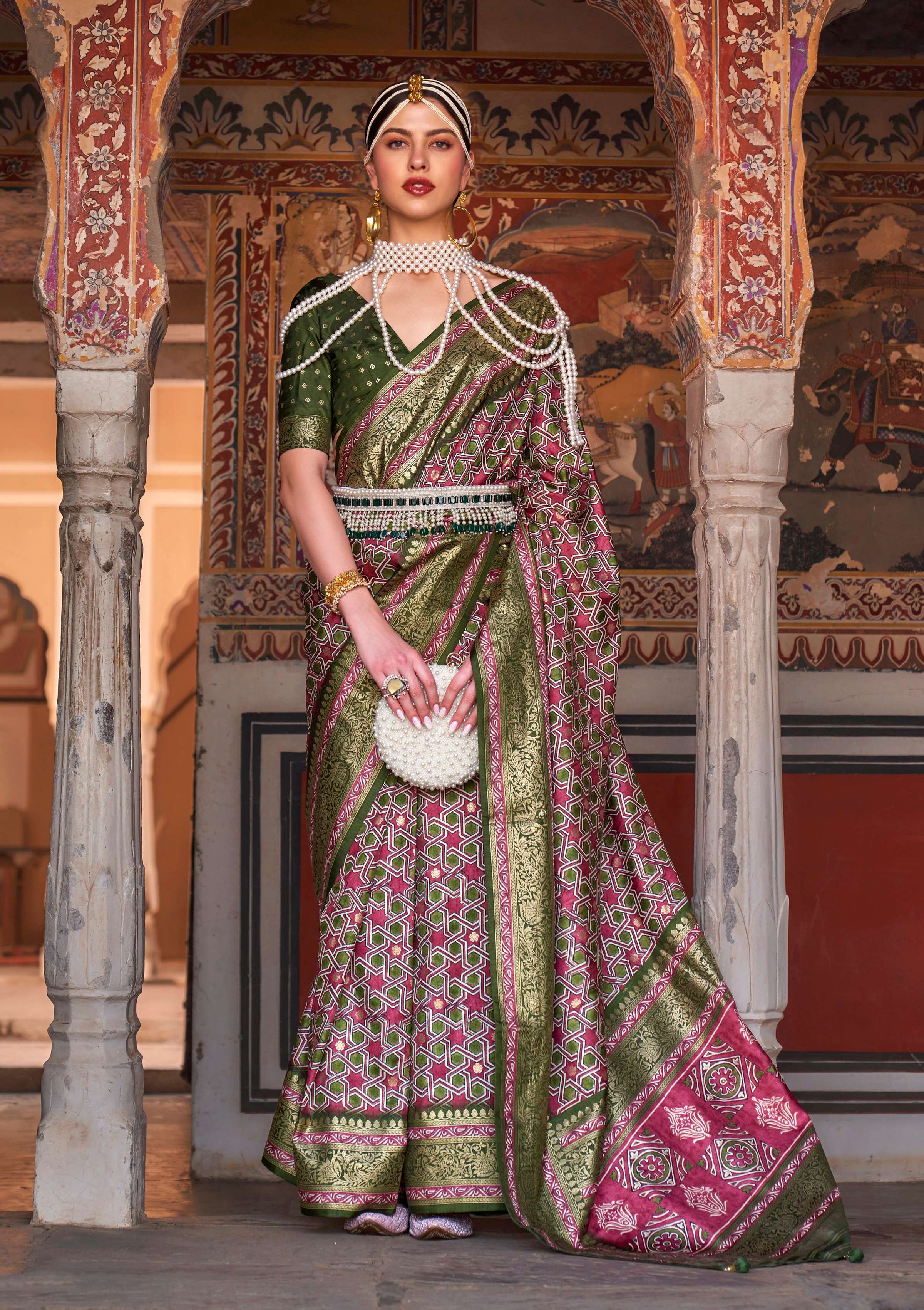 Multicolor silk saree with Ajarak geometric print and gold zari border