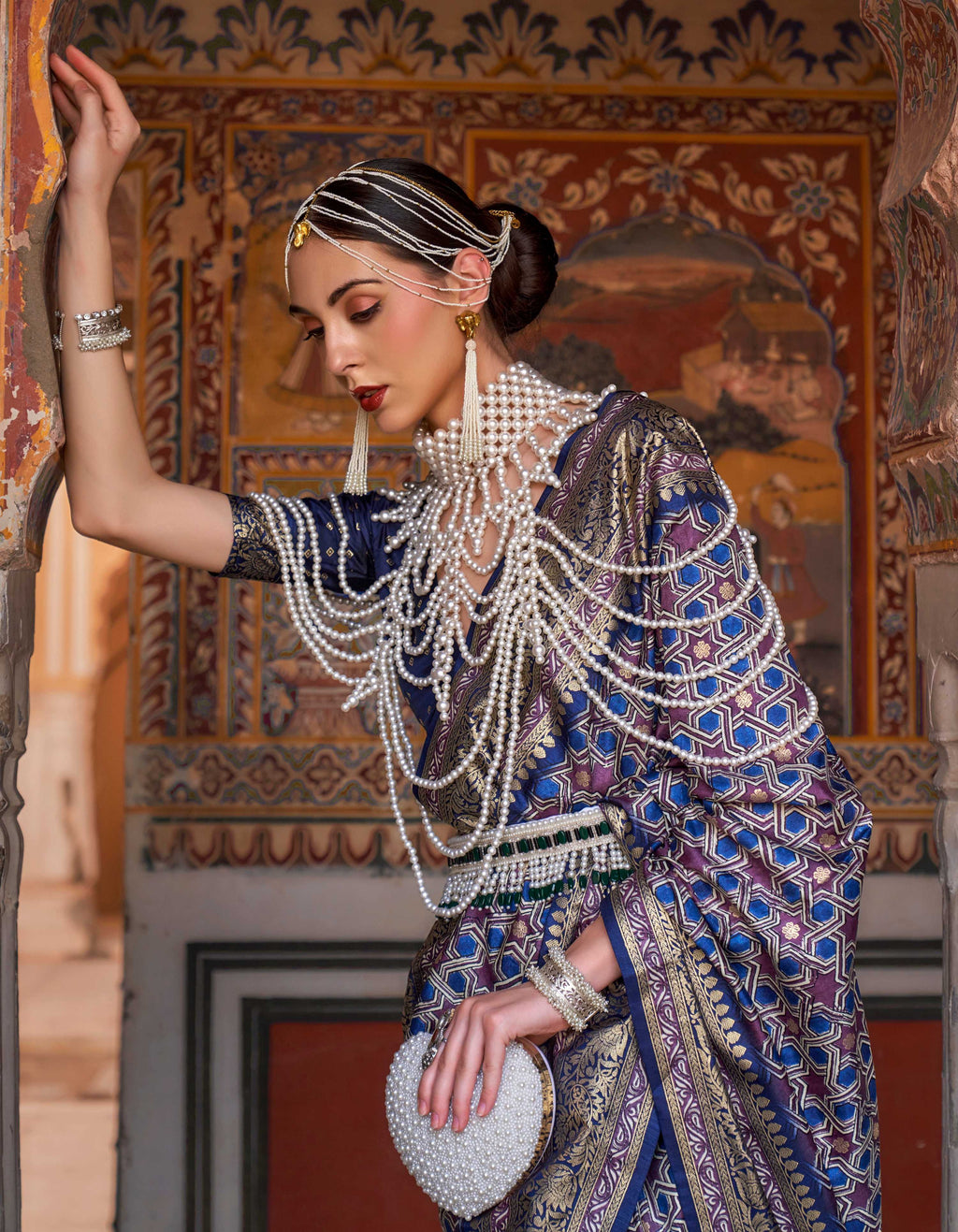 Blue Silk Saree with Ajarak Print and Zari Work