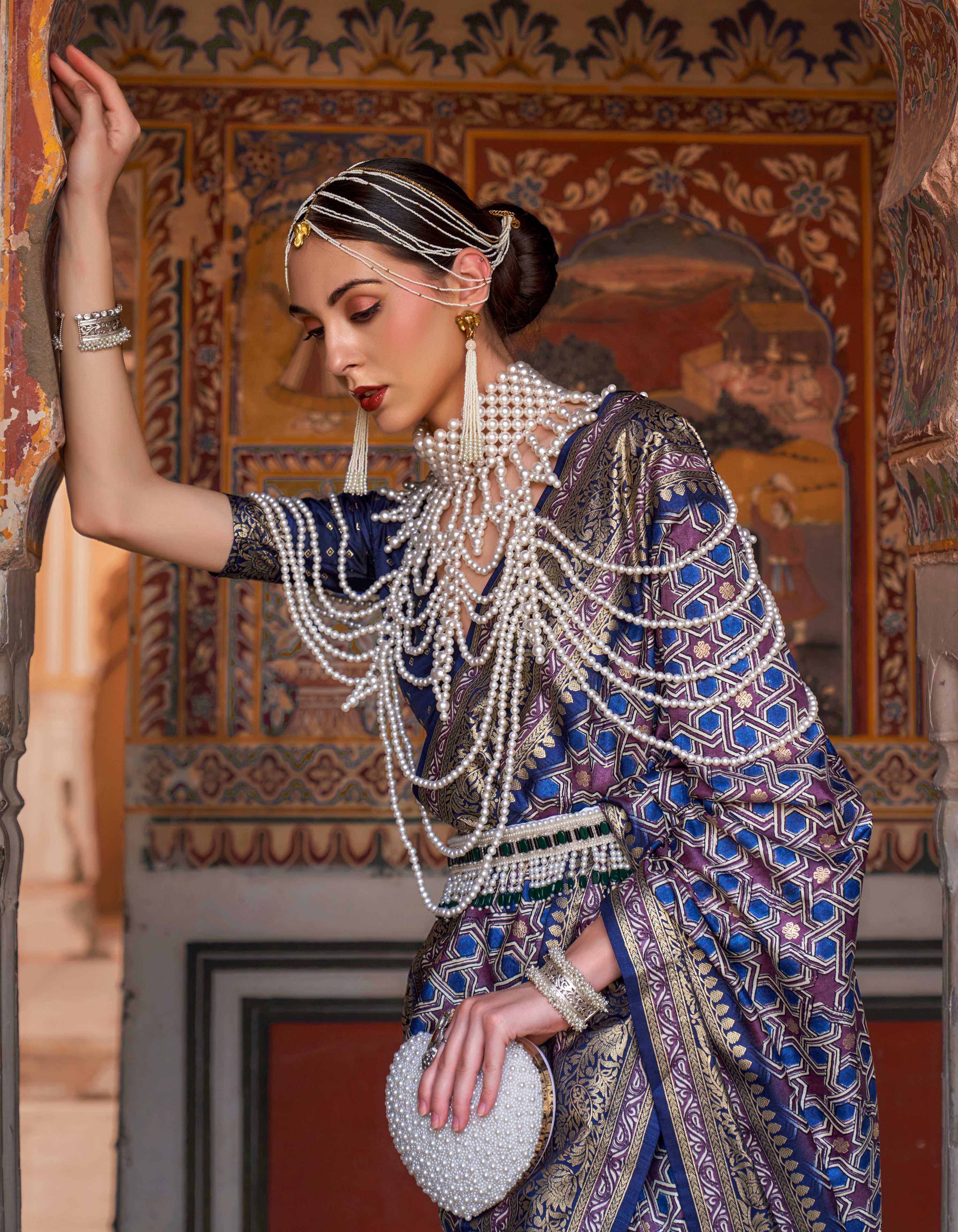 Blue Silk Saree with Ajarak Print and Zari Work