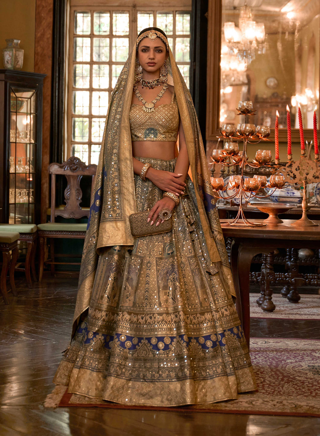 Shimmering Silver Rajwadi Silk designer lehenga choli with elegant drape