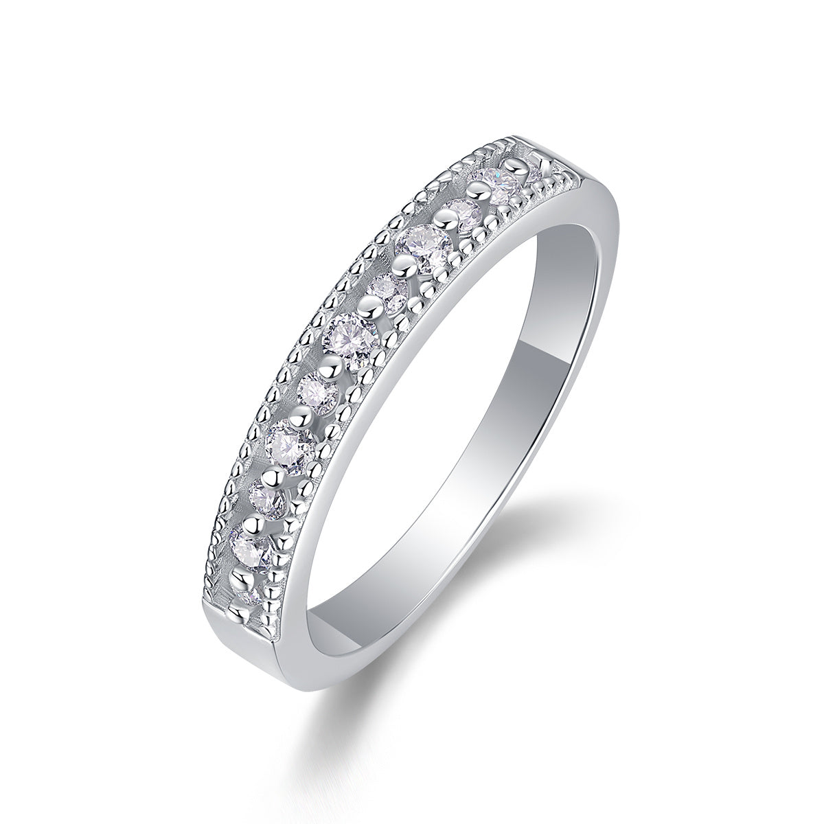 S925 Silver 2.5g Platinum Plated Moissanite Ring, 2.8mm Milgrain Stackable Band, GRA Certified US 5-9