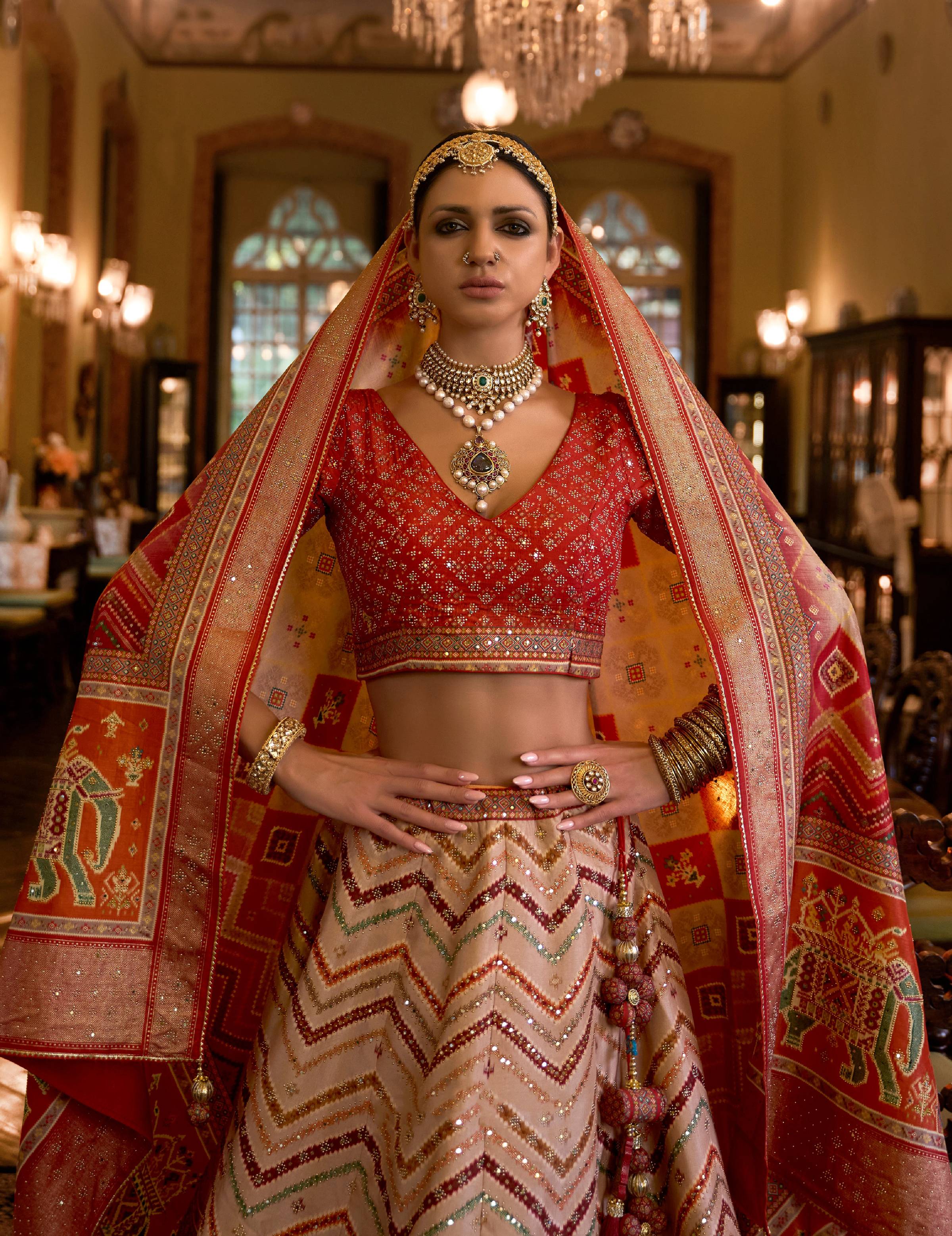 Off White and Red Rajwadi Silk A-Line Lehenga Choli Set
