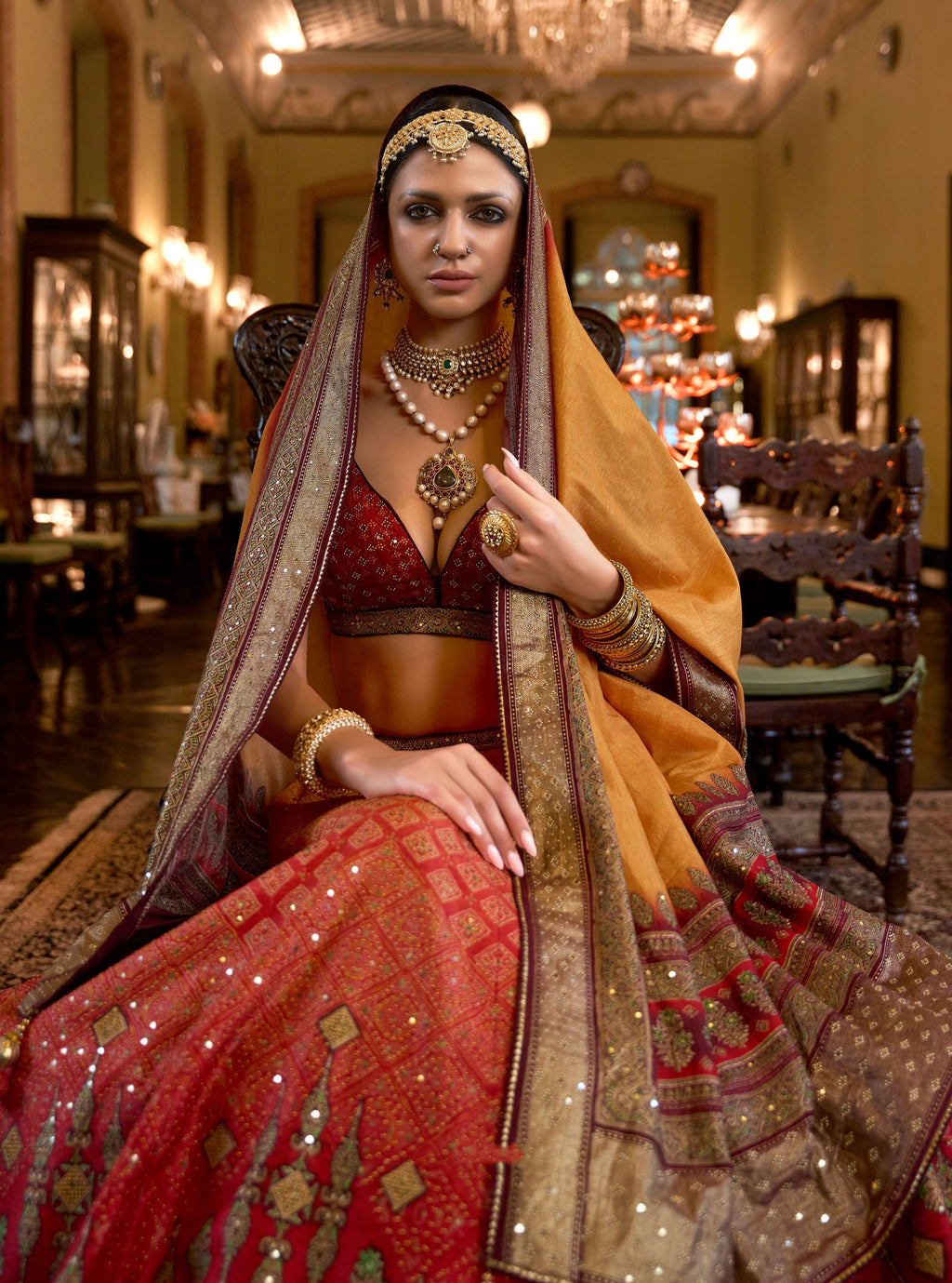 Light Orange and Red Rajwadi Silk A-Line Lehenga Choli