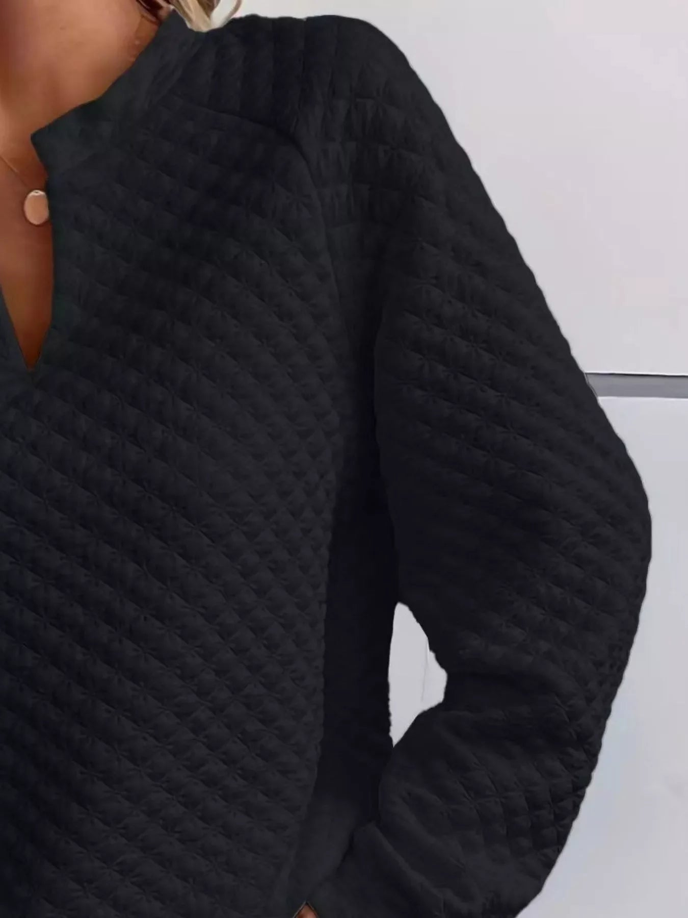 White Quilted Notched Neck Long Sleeve Sweatshirt - Image 23