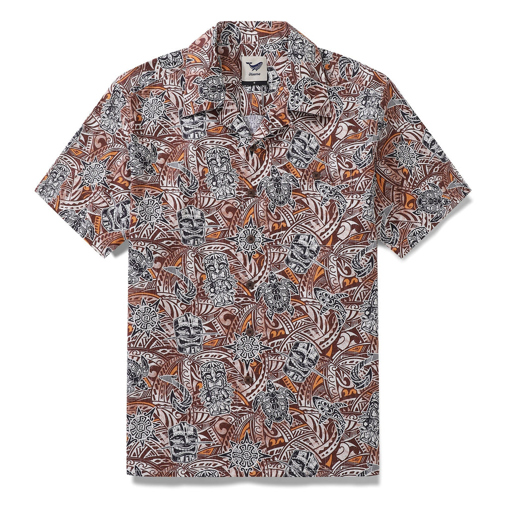 Men wearing a vintage brown, white, and orange Hawaiian shirt with Tiki Totem and shark prints