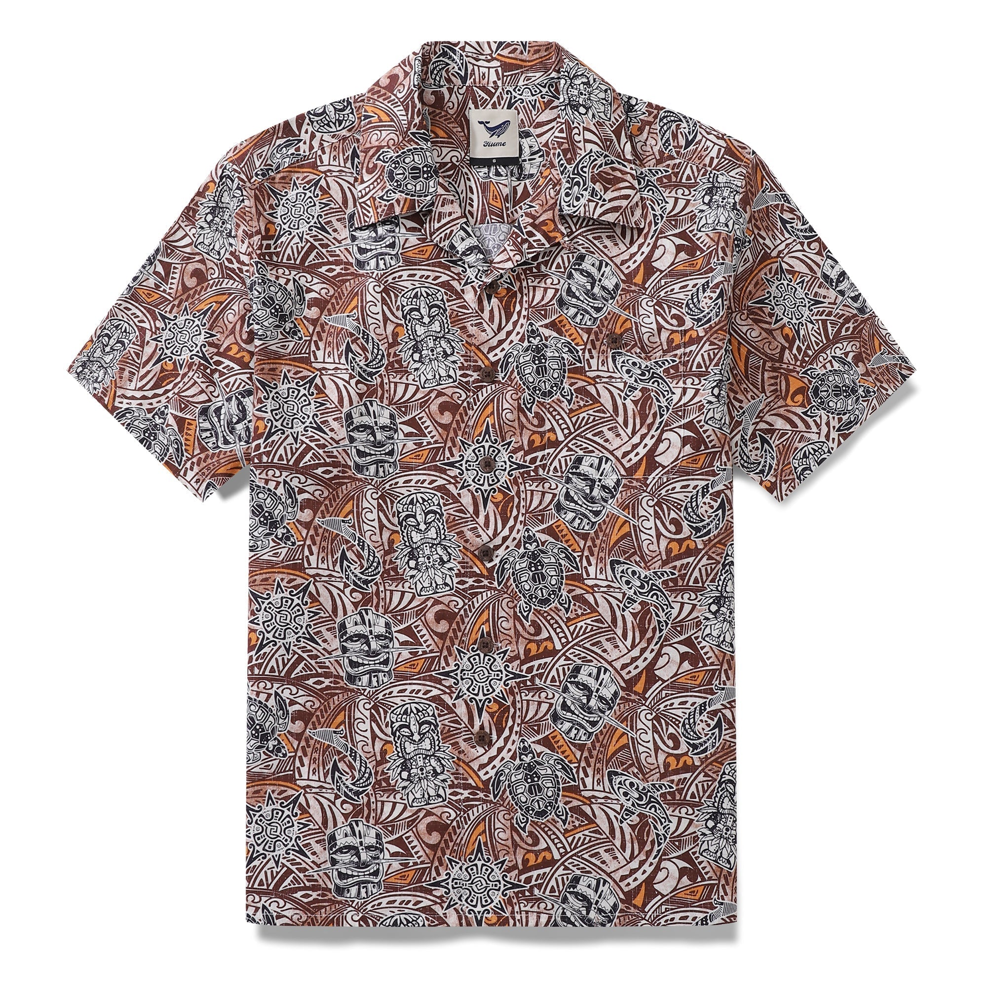 Men wearing a vintage brown, white, and orange Hawaiian shirt with Tiki Totem and shark prints