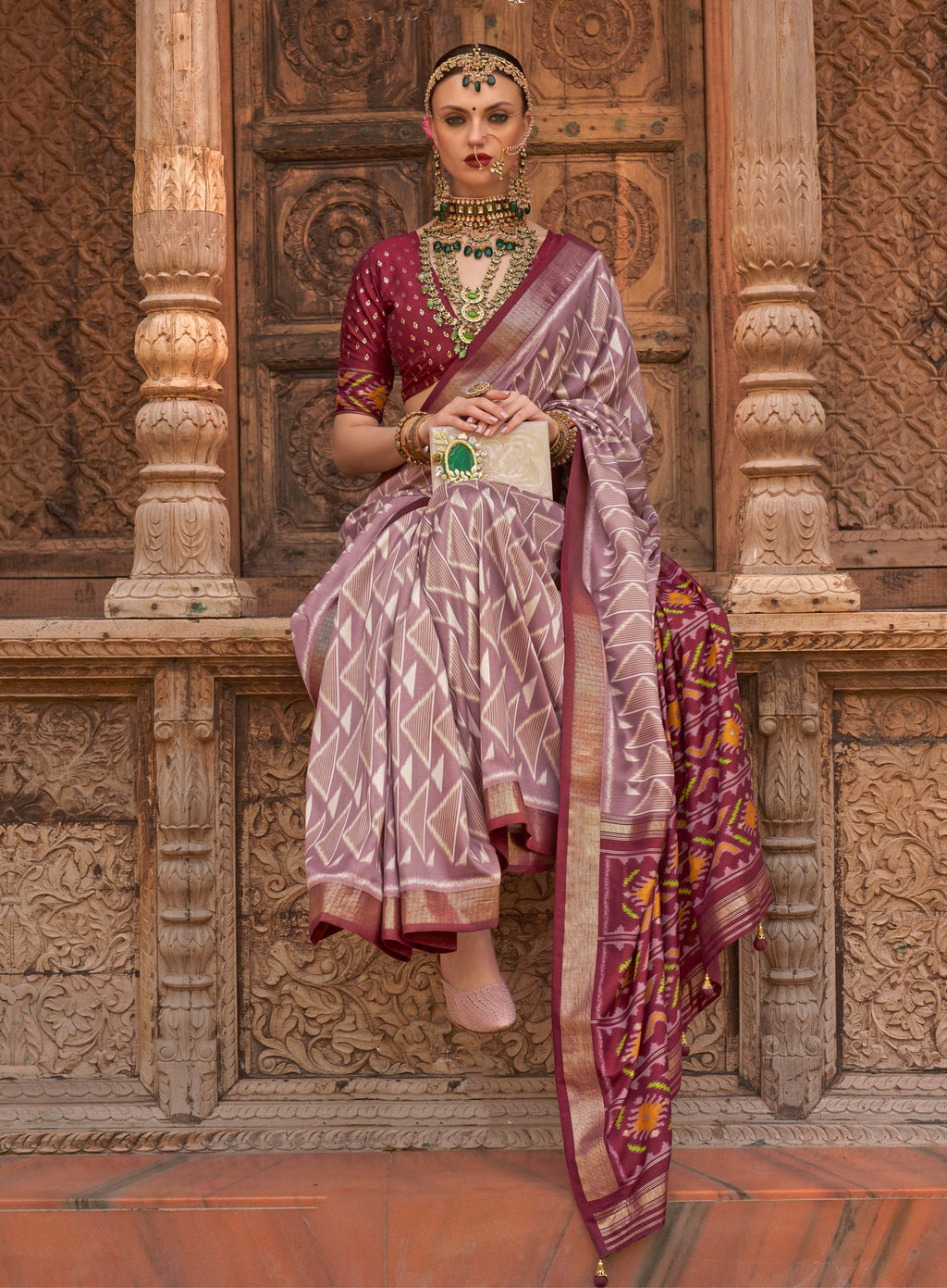 Light Mauve Patola Silk Saree with Weaving Work and Blouse