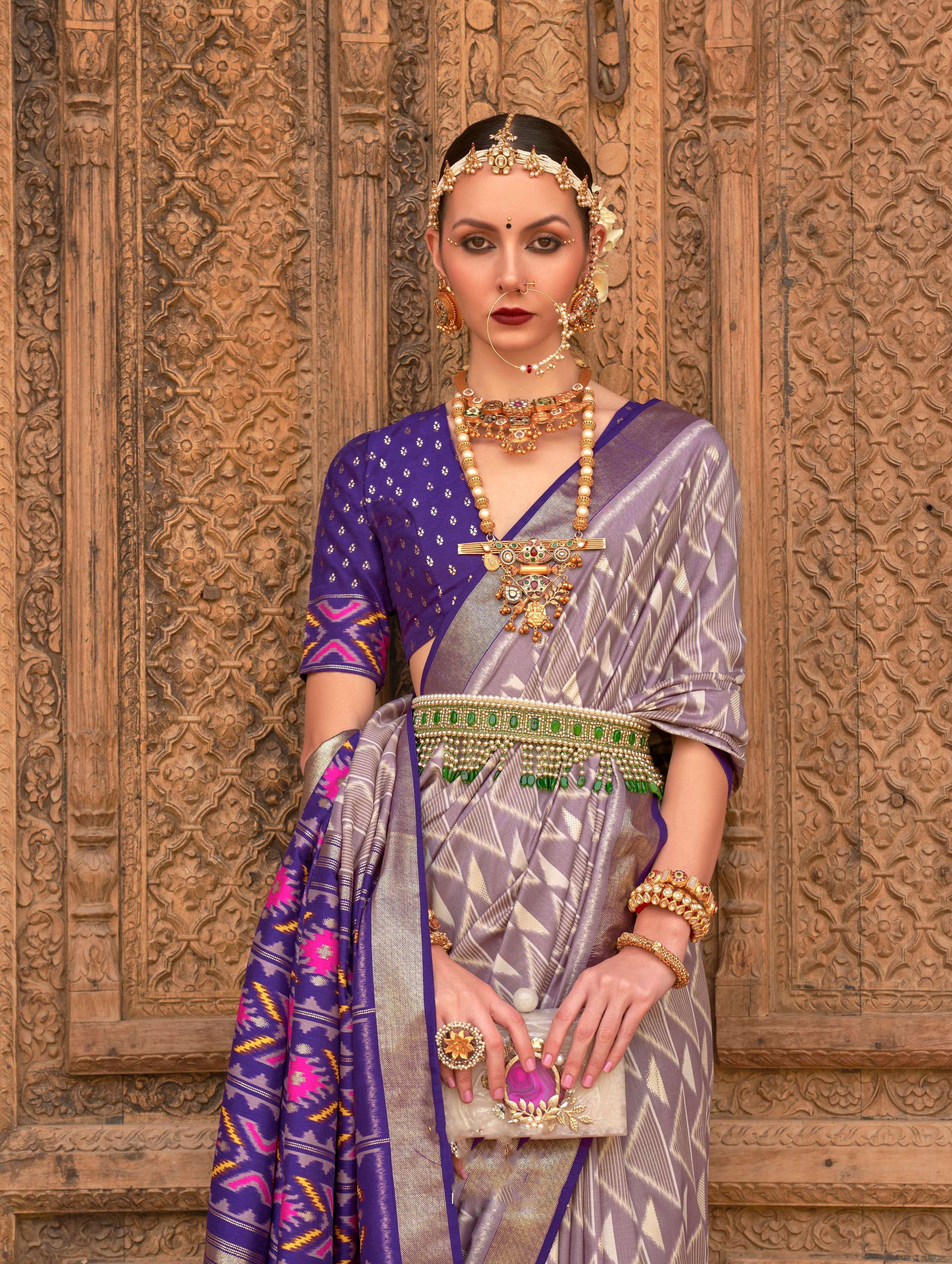 Light Grey Patola Silk Weaving Work Saree with Blouse Piece