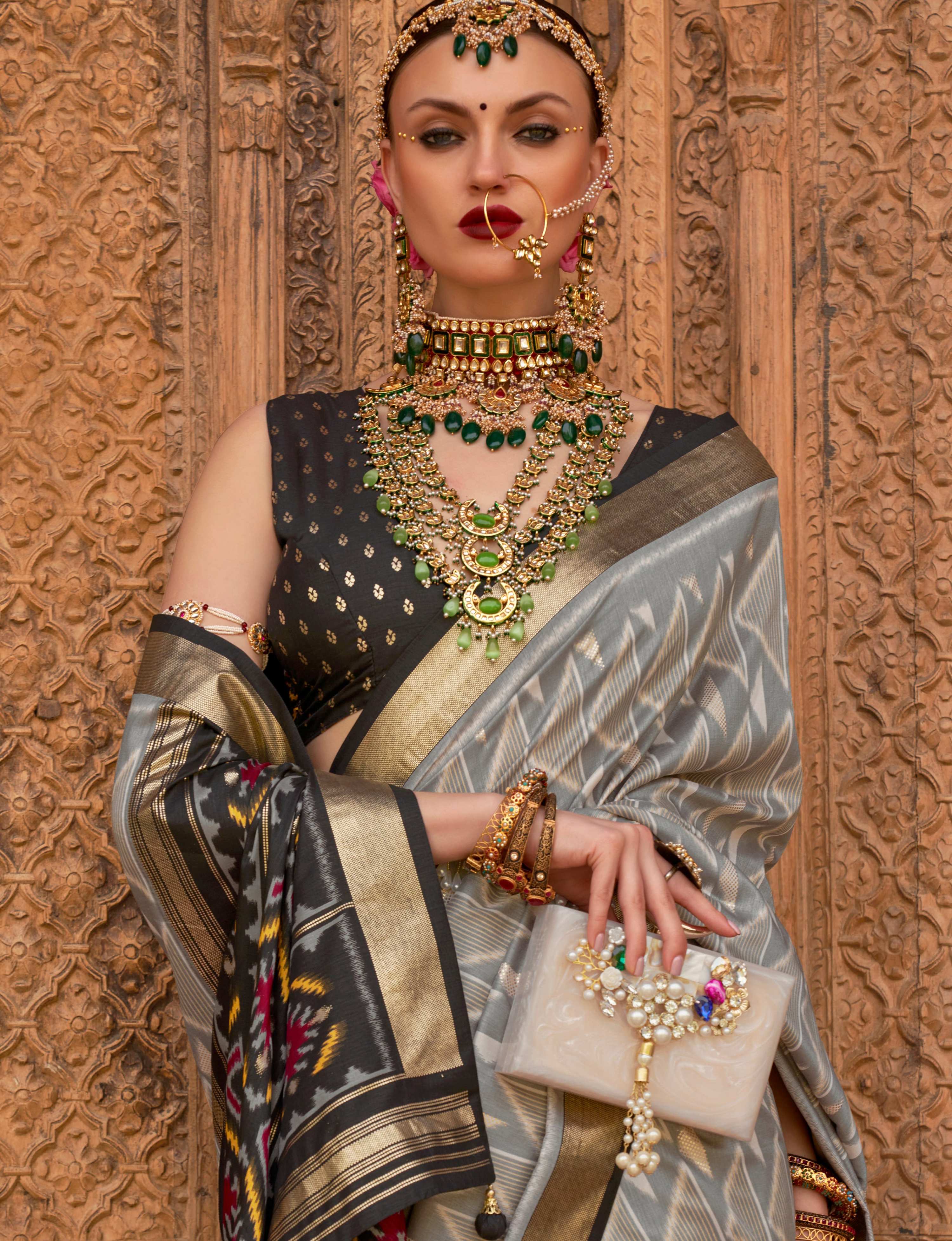 Light Grey Patola Silk Saree with Weaving Work