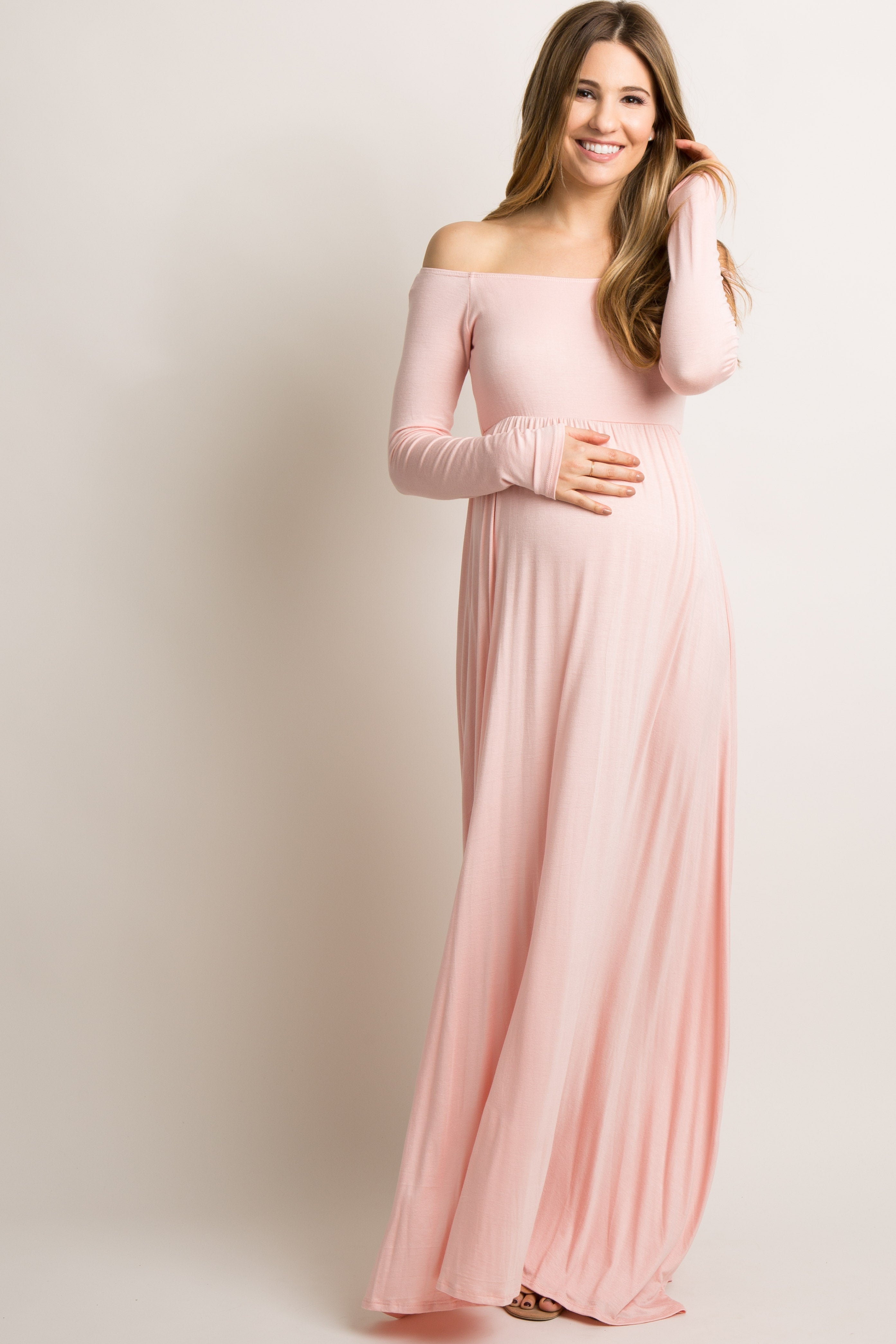 PinkBlush Petite Pink Solid Off Shoulder Maternity Maxi Dress