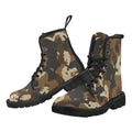 Pair of women's dark brown camouflage lace-up canvas ankle boots on a white background.