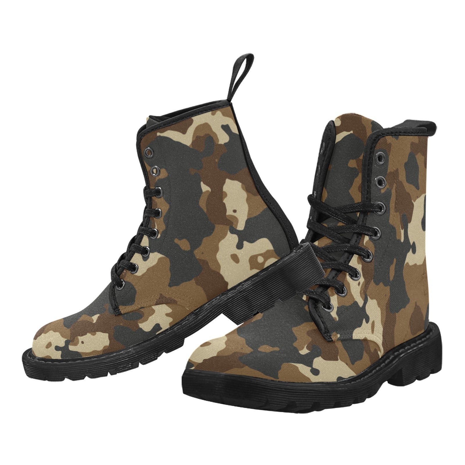 Pair of women's dark brown camouflage lace-up canvas ankle boots on a white background.