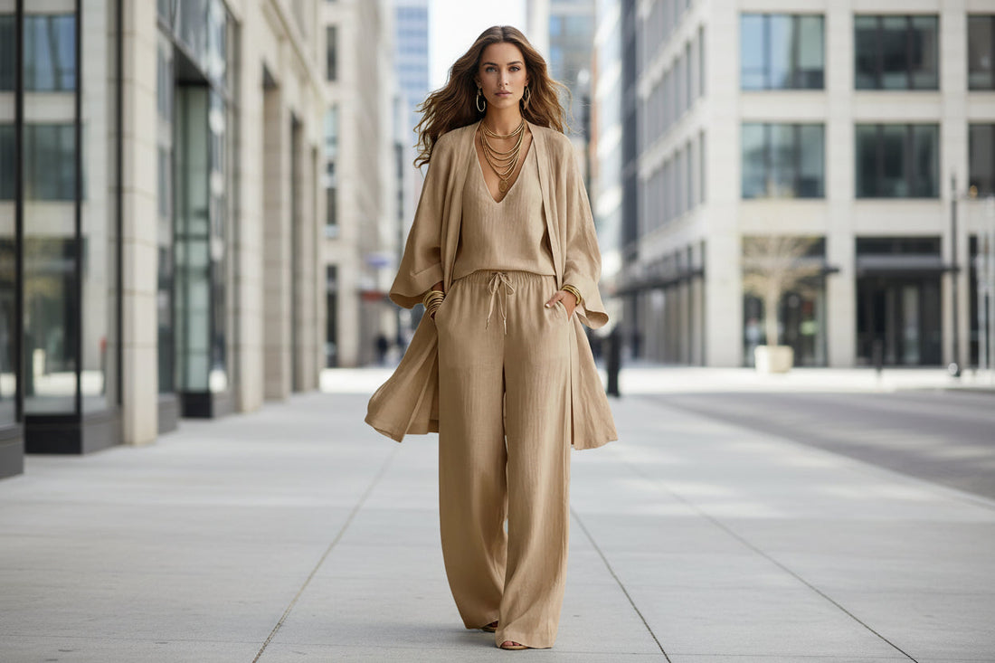 Women's 3-Piece V-Neck Cardigan, Vest and Wide Leg Pant Set - Image 4
