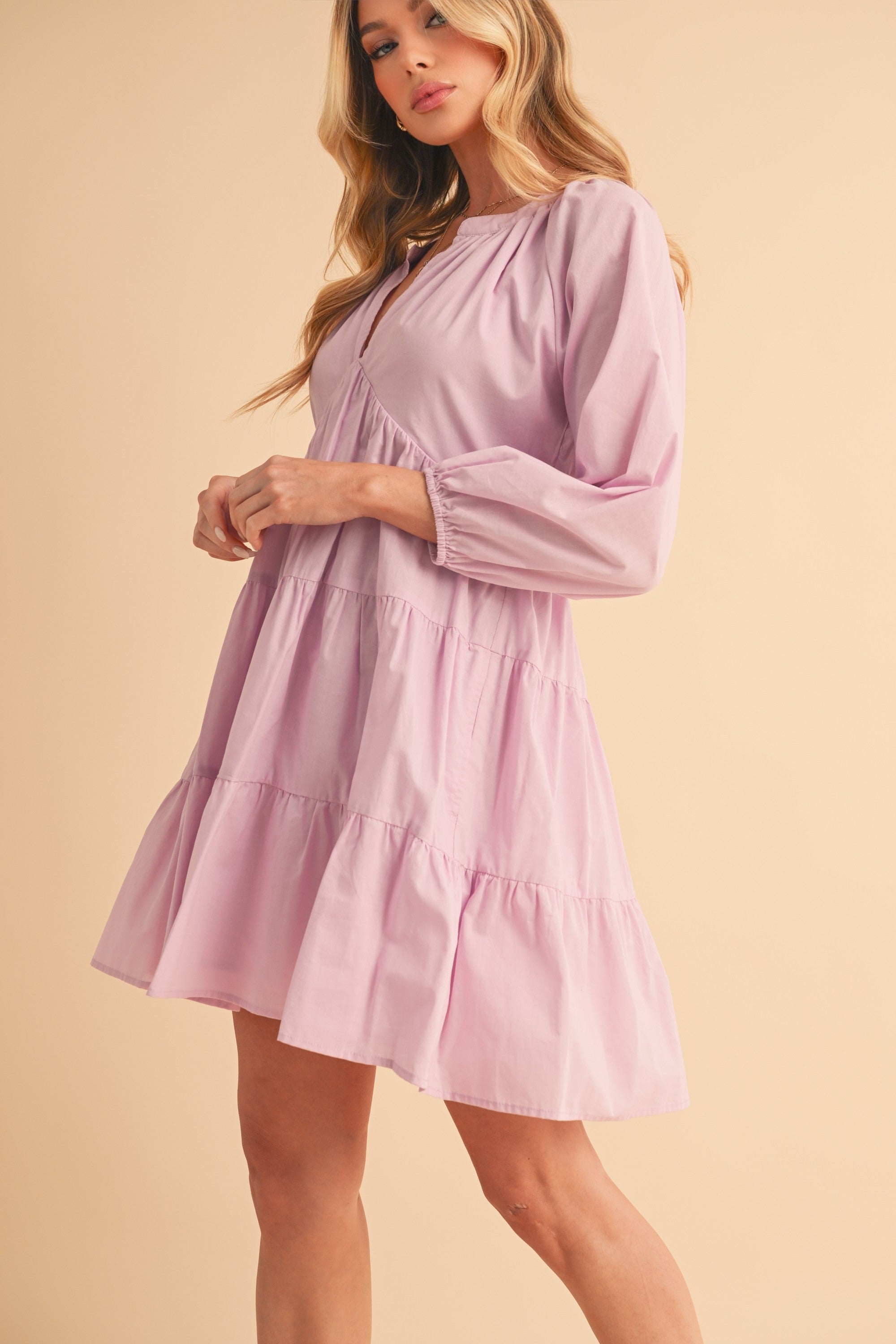Lavender Cotton Tiered Mini Dress with Notched Balloon Sleeves