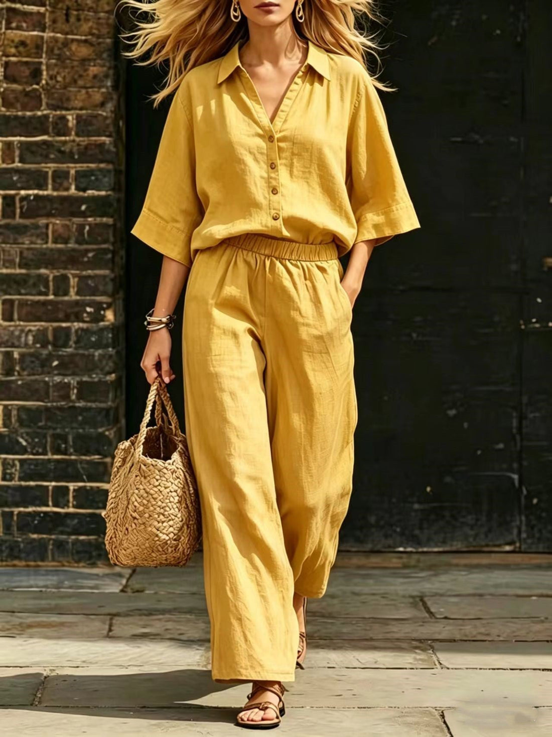 Women's Button-Down Shirt and Wide-Leg Pants Two-Piece Set - Image 10