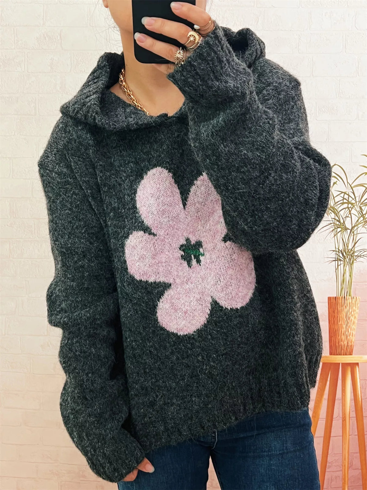 Flower Long Sleeve Hooded Sweater